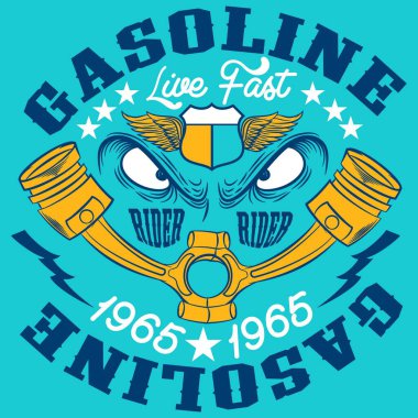 Pistonları, benzinli gözleri ve yıldızları olan havalı bir motosiklet tasarımı. mavi arkaplan