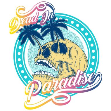 kafatası palmiye tarzı sörf metni ve mavi arkaplan