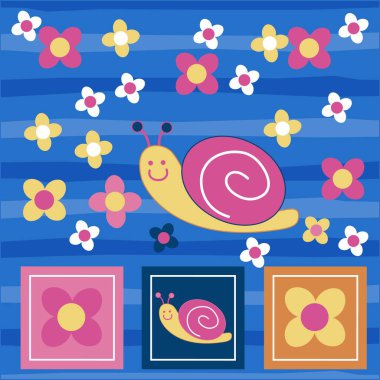 Mavi arka planda salyangoz ve çiçek baskısı