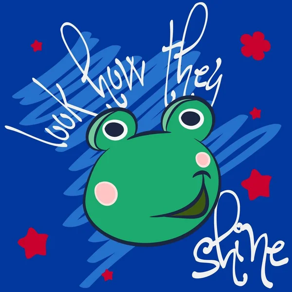 印刷青蛙和星星智慧文字蓝色背景 — 图库矢量图片