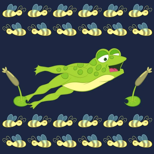 浅蓝色背景的青蛙和蜜蜂 — 图库矢量图片
