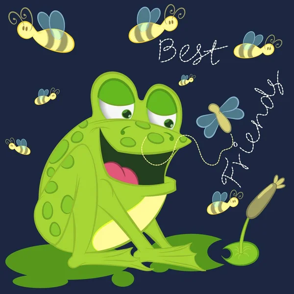 青蛙和蜜蜂以及带有蓝色背景的文本 — 图库矢量图片