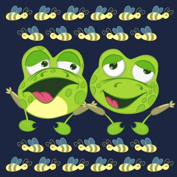 Couple Frogs Bees Navy Blue Background — Stock Vector