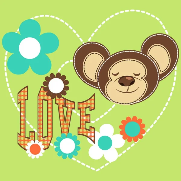 Cute Małpa Kwiatami Tex Love Zielone Tło — Wektor stockowy