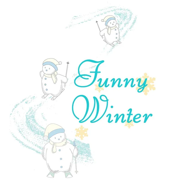 Illustration Snow Man Skiing Friends Text Funny Winter — Stock Vector