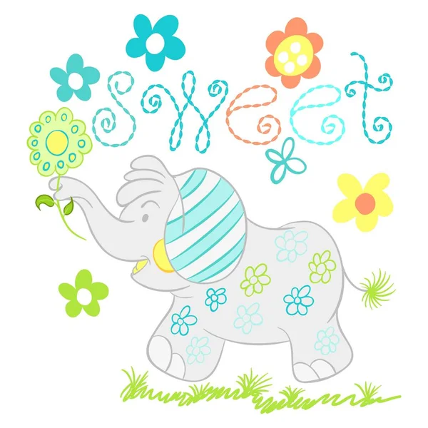 Illustration Peluche Éléphant Avec Des Fleurs Herbe — Image vectorielle