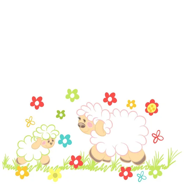 Mother Sheep Her Calf Field Flowers — Stock Vector