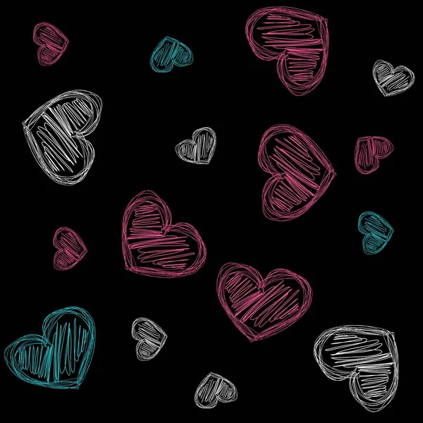 Patrón Corazones Con Estilo Tiza Colores Fondo Negro — Vector de stock