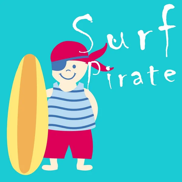 带有冲浪板和文字的海盗小子 — 图库矢量图片