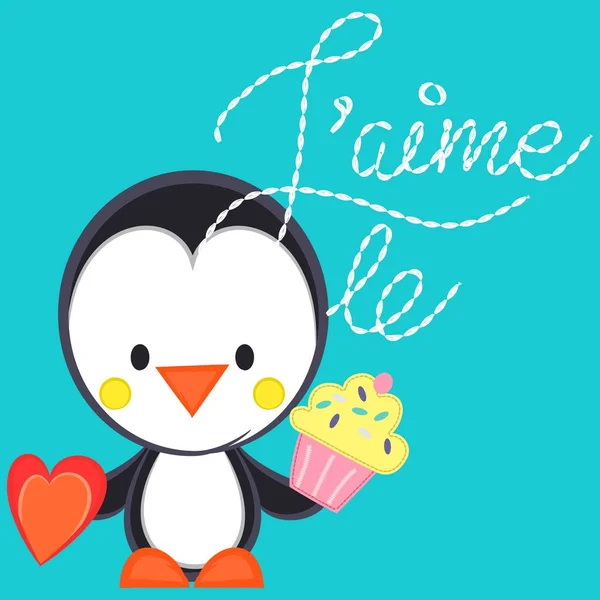 Mignon Pingouin Avec Cupcake Texte — Image vectorielle