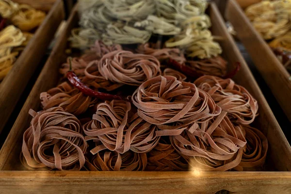 Pasta display in Italian restaurant background. Restaurant interior in vintage style. Restaurant lifestyle concept. Food concept.