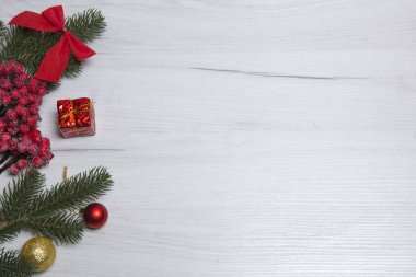 Yılbaşı ağacının bir dalına sahip beyaz bir arkaplanda yeni yıl özellikleri