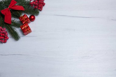 Yılbaşı ağacının bir dalına sahip beyaz bir arkaplanda yeni yıl özellikleri