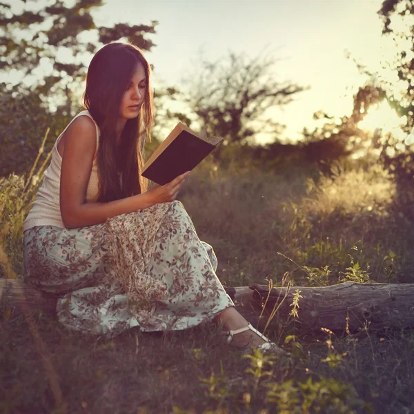 Menina bonita lendo um livro em um prado — Fotografia de Stock
