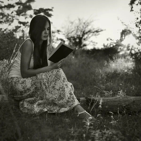 Linda chica leyendo un libro en un prado — Foto de Stock