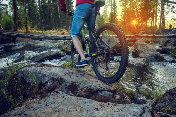 Ride on mountain bike at sunset. — Stock Photo, Image