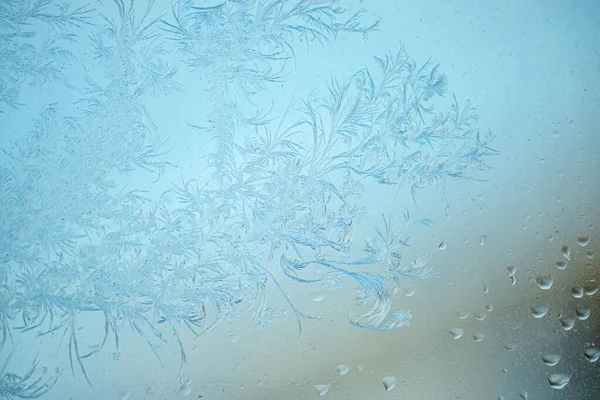 青い窓ガラスに美しい輝く自然の霜のパターン — ストック写真