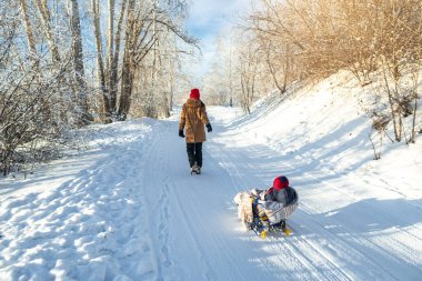 Güneşli bir günde, dondurucu bir kış sabahı çocuklu bir anne yürür. Battaniyeye sarılı bebek kızağa biniyor.