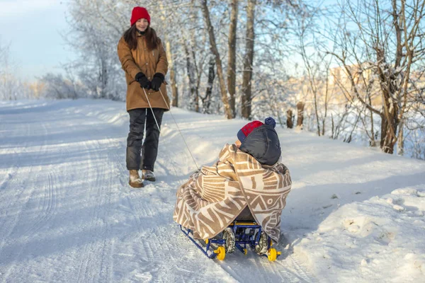 Mamá Está Tirando Niño Trineo Caminando Invierno Helado Día Soleado — Foto de Stock