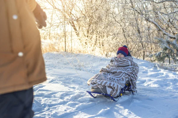 Mamãe Está Puxando Uma Criança Trenó Andando Inverno Gelado Dia — Fotografia de Stock