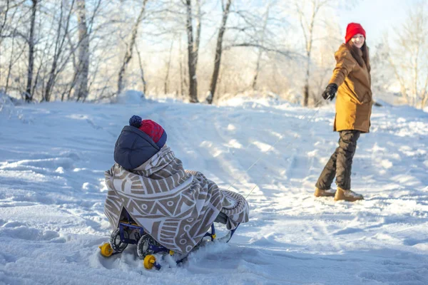 Mom Pulling Child Sled Walking Frosty Winter Sunny Day Out — Stock Photo, Image