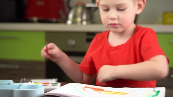 Criança em uma camiseta tintas vermelhas com aquarelas coloridas na mesa — Vídeo de Stock