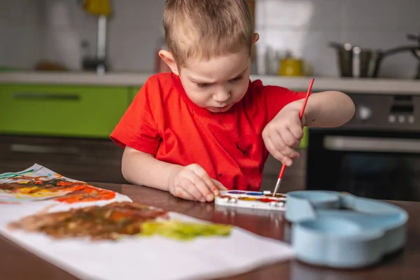 A child in a red T-shirt paints with colorful watercolors at the table