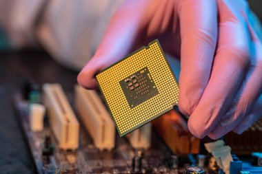 Mühendisin eldivenli eli CPU çipini ana kartın arka planında tutuyor. Yüksek teknoloji donanım mikro elektronik kavramı