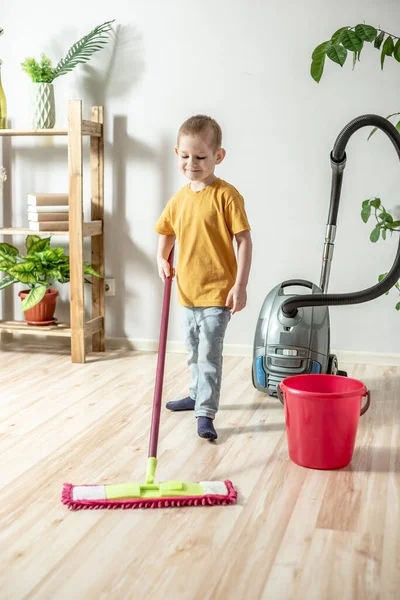 Little Boy Cleaning Floor Room Using Mop Concept Independence Help — Stock Photo, Image