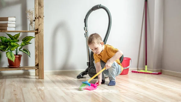 Cute Little Boy Helps Cleaning House Sweeping Garbage Children Broom — Stock Photo, Image