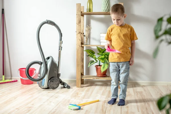 Cute Little Boy Sweeping Trash Floor Broom Dustpan Child Helps — Stock Photo, Image
