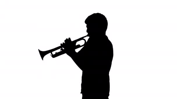 Silhouet Jonge muzikant die trompet speelt. — Stockvideo