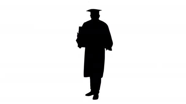 仪表板上的男毕业生带着空白的标志微笑着看它. — 图库视频影像