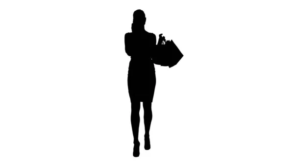 Silhouette Ψώνια γυναίκα με τσάντες μιλάμε στο τηλέφωνο. — Φωτογραφία Αρχείου