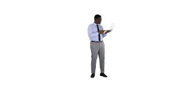 Cheerful successful young African American manager with laptop h clipart