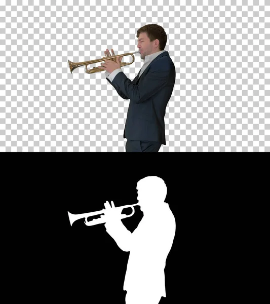 Man i kostym stående spelar trumpet, Alpha Channel — Stockfoto