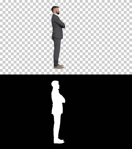 Pria bisnis yang percaya diri dengan jenggot dan mustashes dalam setelan berdiri dengan tangan terlipat, Alpha Channel dengan Silhouette Stok Foto