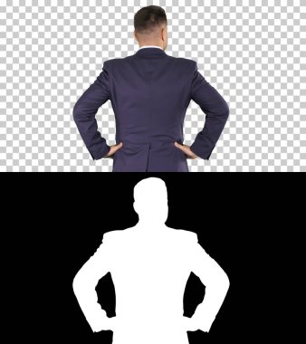 İş adamı ellerinin kalçasında Alfa Kanalı 'na bakıyor.