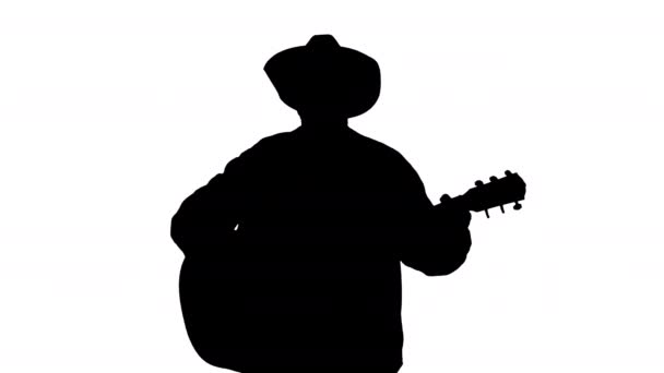 Silhouette Man of the woods z gitarą akustyczną śpiewającą piosenkę. — Wideo stockowe