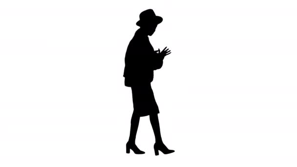 Alpha Channel 'da yürürken telefonunu kullanan örgü giysili ve şapkalı şık Afro-Amerikan kadın. — Stok video