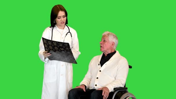 Female doctor showing brain mri to disabled old man in wheel chair on a Green Screen, Chroma Key. — Stock Video