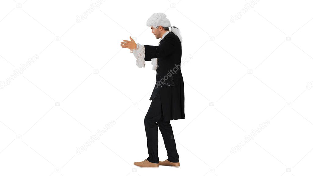 Man dressed like Wolfgang Amadeus Mozart conducting an orchestra