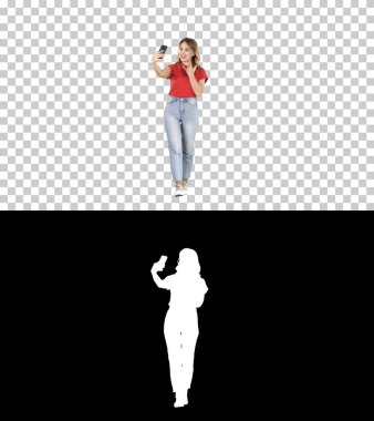 Cute sexy girl with blond curly hair walking and making selfie, clipart