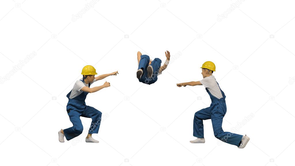 Three young construction workers in hard hats synch dancing look