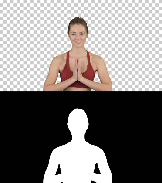 Mujer sonriente de yoga con las manos acopladas, Alpha Channel — Foto de Stock