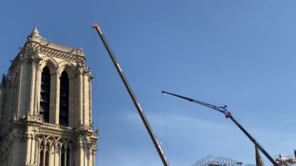 Notre Dame de Paris primer plano de la reconstrucción de la fachada sur — Vídeos de Stock