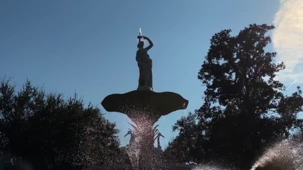 Uma fonte em um dia ensolarado de inverno em Forsythe Park, Savannah, EUA — Vídeo de Stock