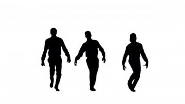 Siluet. Beyaz tişörtlü üç adam senkronize dans edip kameraya bakıyor..