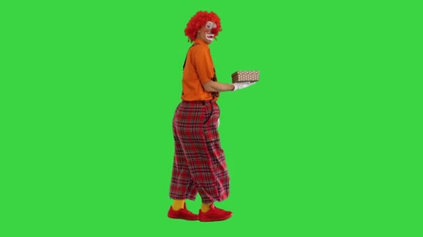 Payaso llevando una caja de regalo y mirando dentro de ella en una pantalla verde, Chroma Key. — Vídeos de Stock