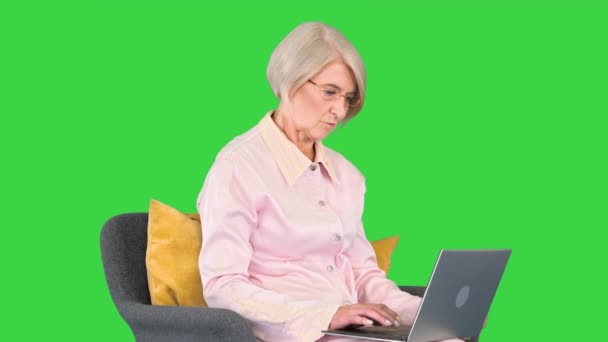 İnternette sörf yapan çekici son sınıf öğrencisi yeşil ekranda rahat bir koltukta oturuyor, Chroma Key. — Stok video